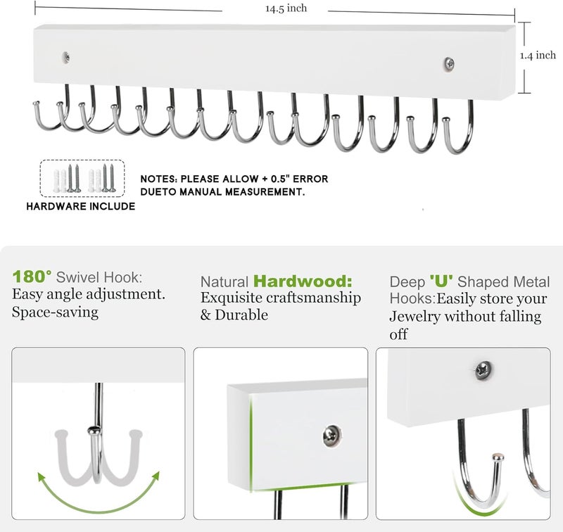 AnDock Necklace Holder Wall Mounted Jewelry Organizer - 2 Pack Wooden with 28 Hooks, Hanging Earring & Ring Bracelet Storage, Decorative Space-Saving Jewelry Display (White) - Image 3